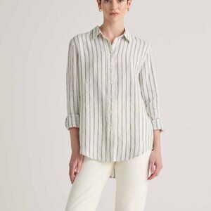 QUINCE S European Linen Button Up Shirt Top Oatmeal/Black Stripe Collar L/S